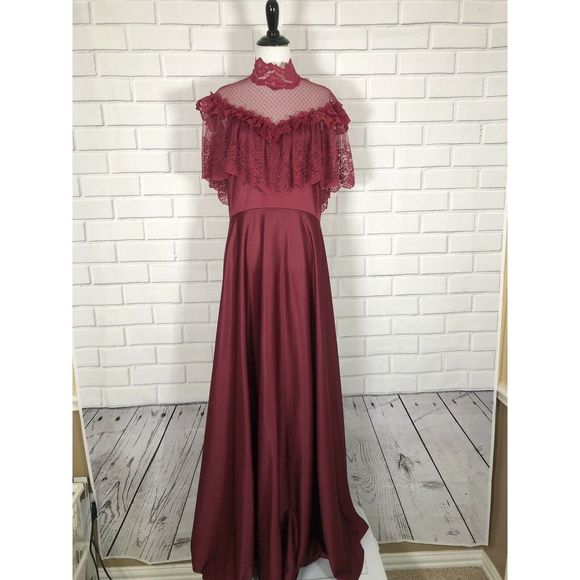 Vintage Dresses & Skirts - Vtg 70's Victorian Maroon Lace Satin Gown Dress